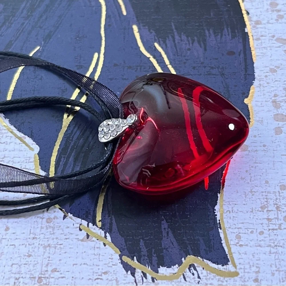 Vintage 1990s red glass heart CZ black Gothic sheer ribbon with silver necklace